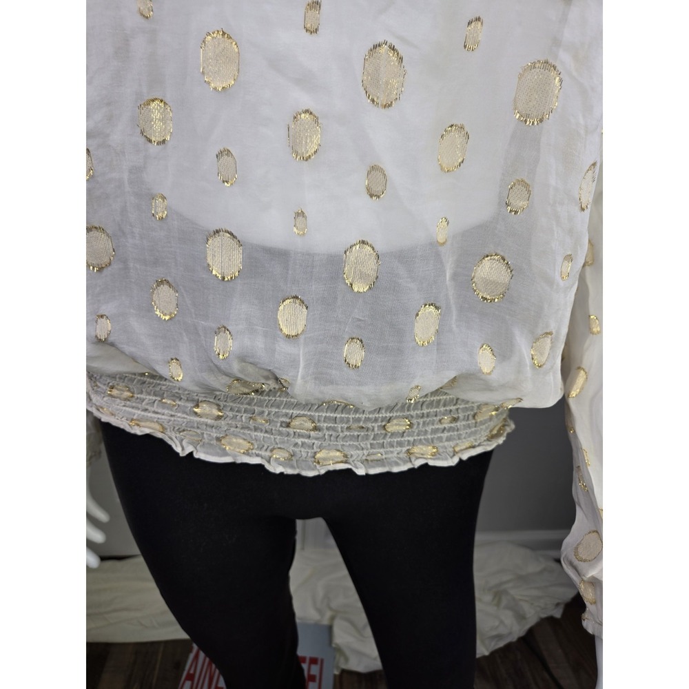 Michael Kors Cream Gold Dot Silk Blend Tie Neck Smock Blouse Top Sheer‎ small S - Picture 3 of 10